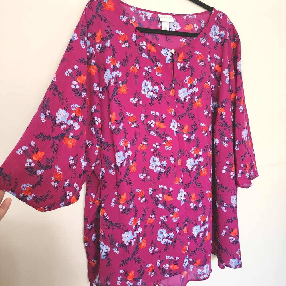 Ava & Viv Women 4X Magenta Pink Floral 3/4 Sleeve Top Blouse Cottagecore Peasant